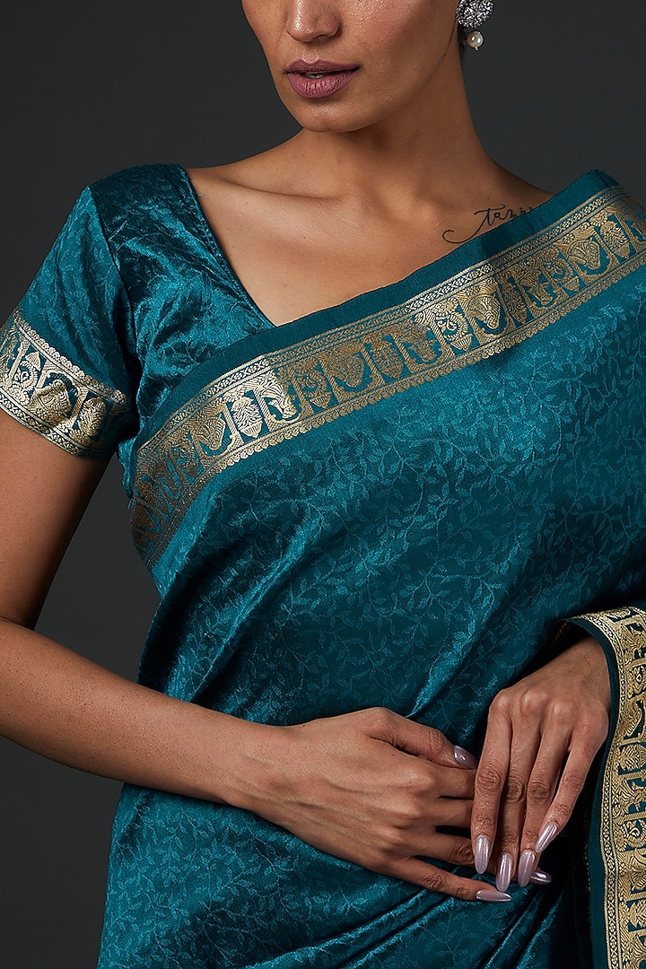 Teal Blue Ghicha Silk Woven Party Wear Saree Set by Label GehnaSamah at Pernia's Pop Up Shop