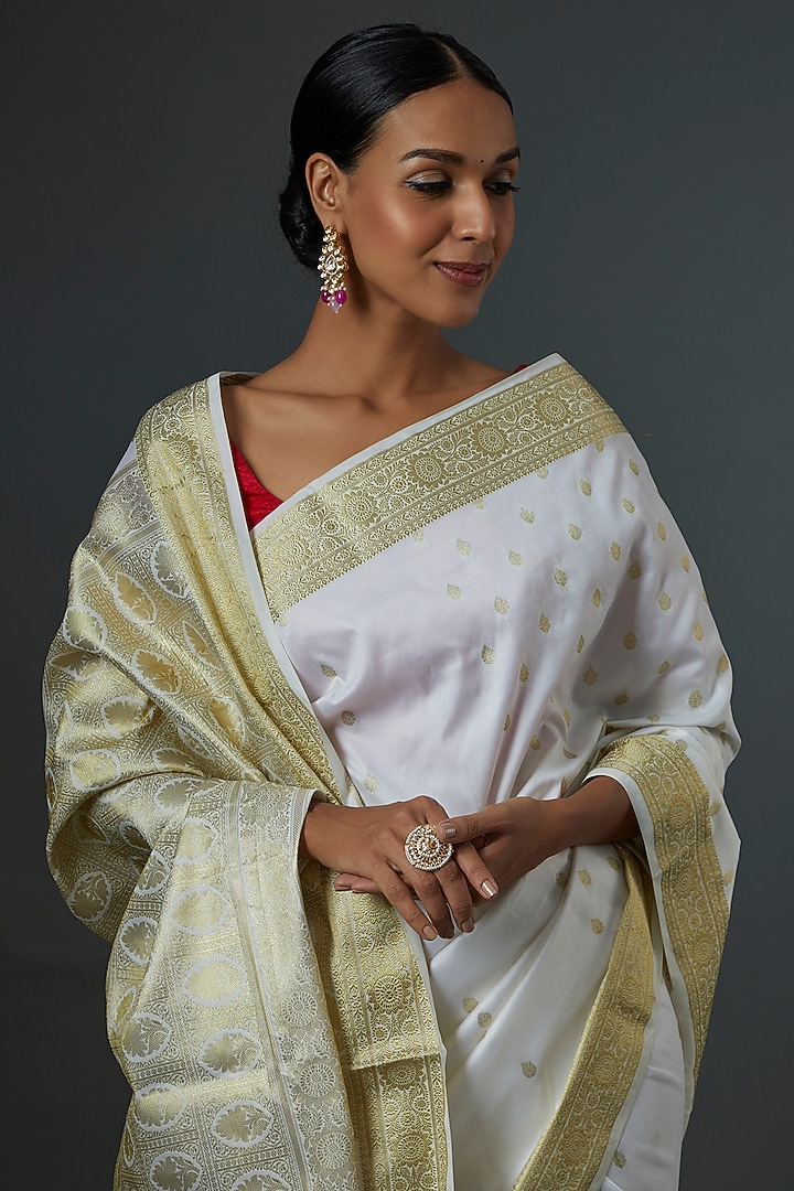 White Silk Banarasi Reception Saree by Label GehnaSamah at Pernia's Pop Up Shop
