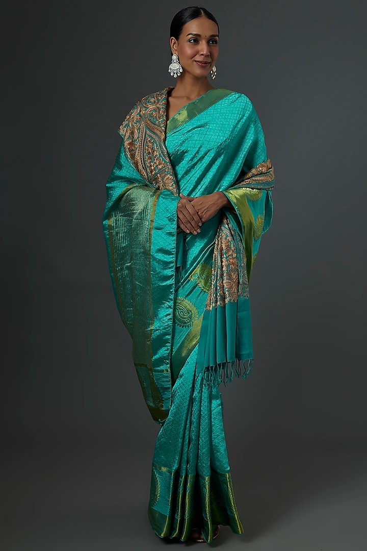 Turquoise Silk Saree Set by Label GehnaSamah