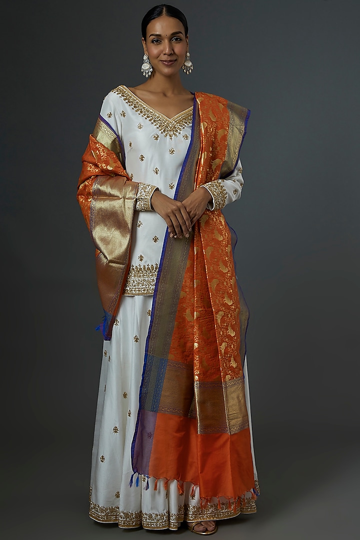 Orange Banarasi Silk Stole by Label GehnaSamah
