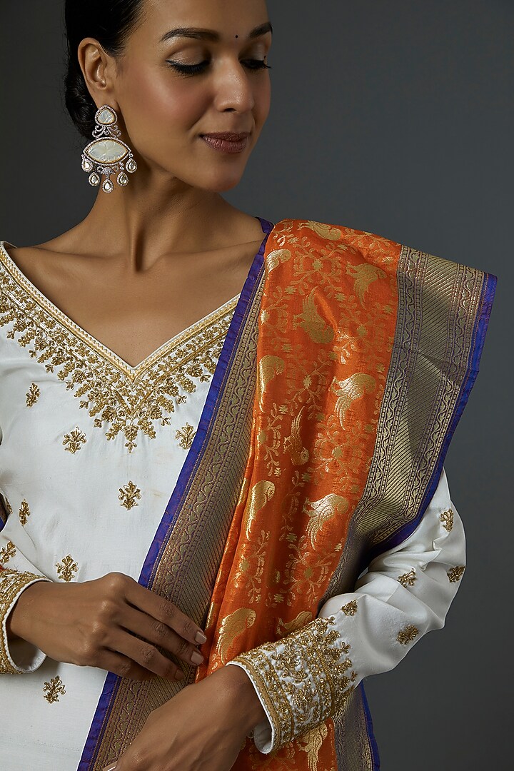 Orange Banarasi Silk Stole by Label GehnaSamah at Pernia's Pop Up Shop