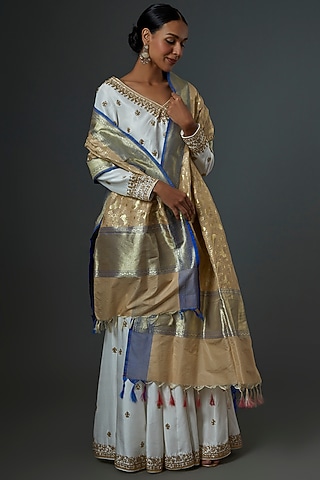 Beige & Blue Banarsi Silk Stole by Label GehnaSamah