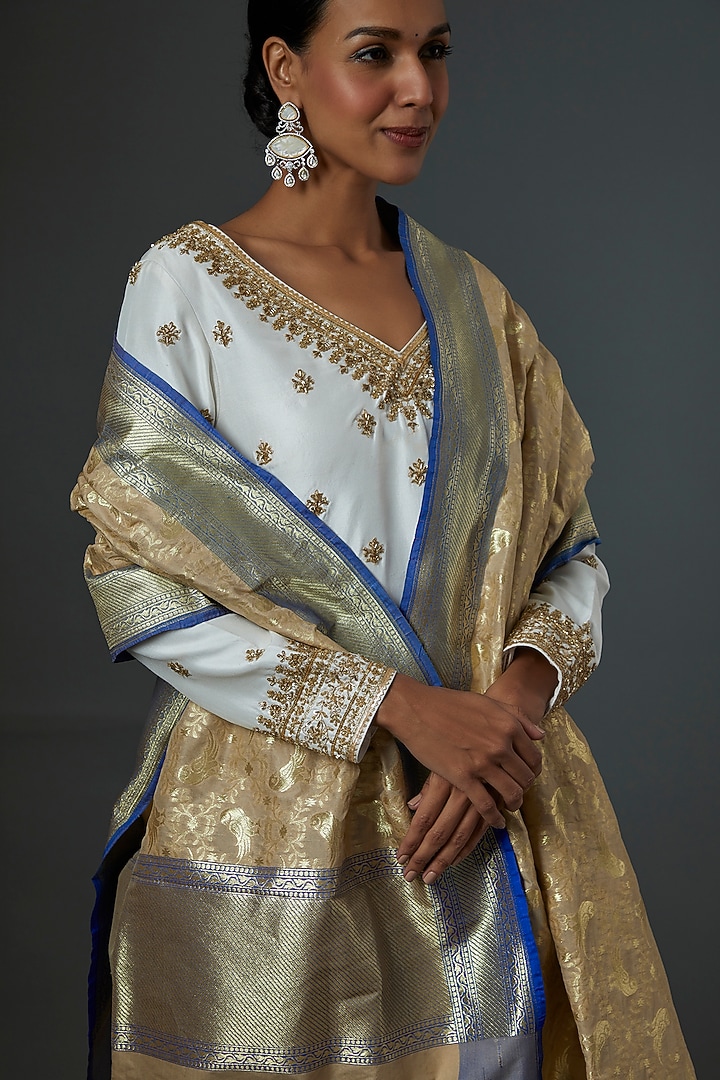 Beige & Blue Banarsi Silk Stole by Label GehnaSamah at Pernia's Pop Up Shop