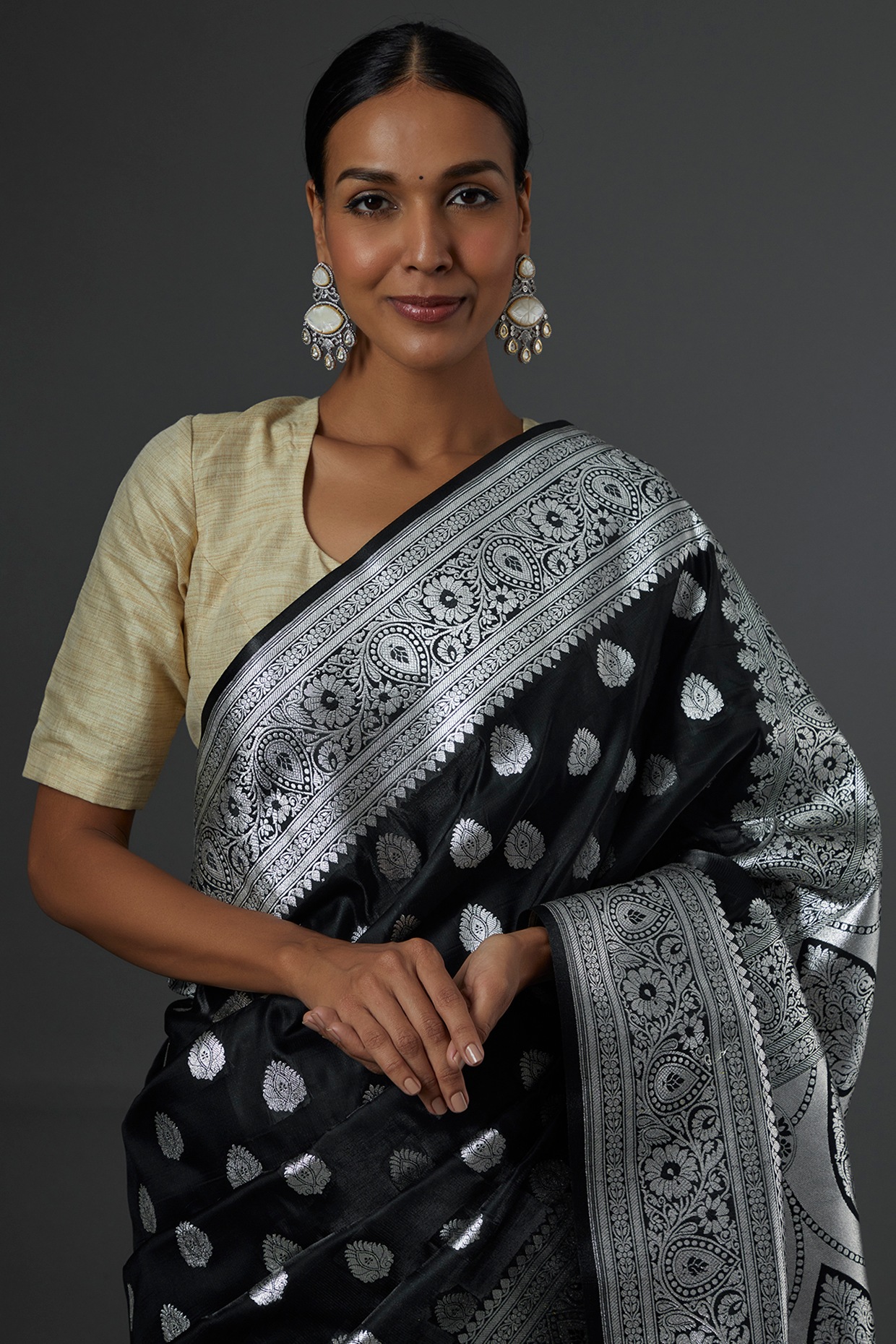 Buy Black Linen Saree With Silver Readymade Stitched Blouse