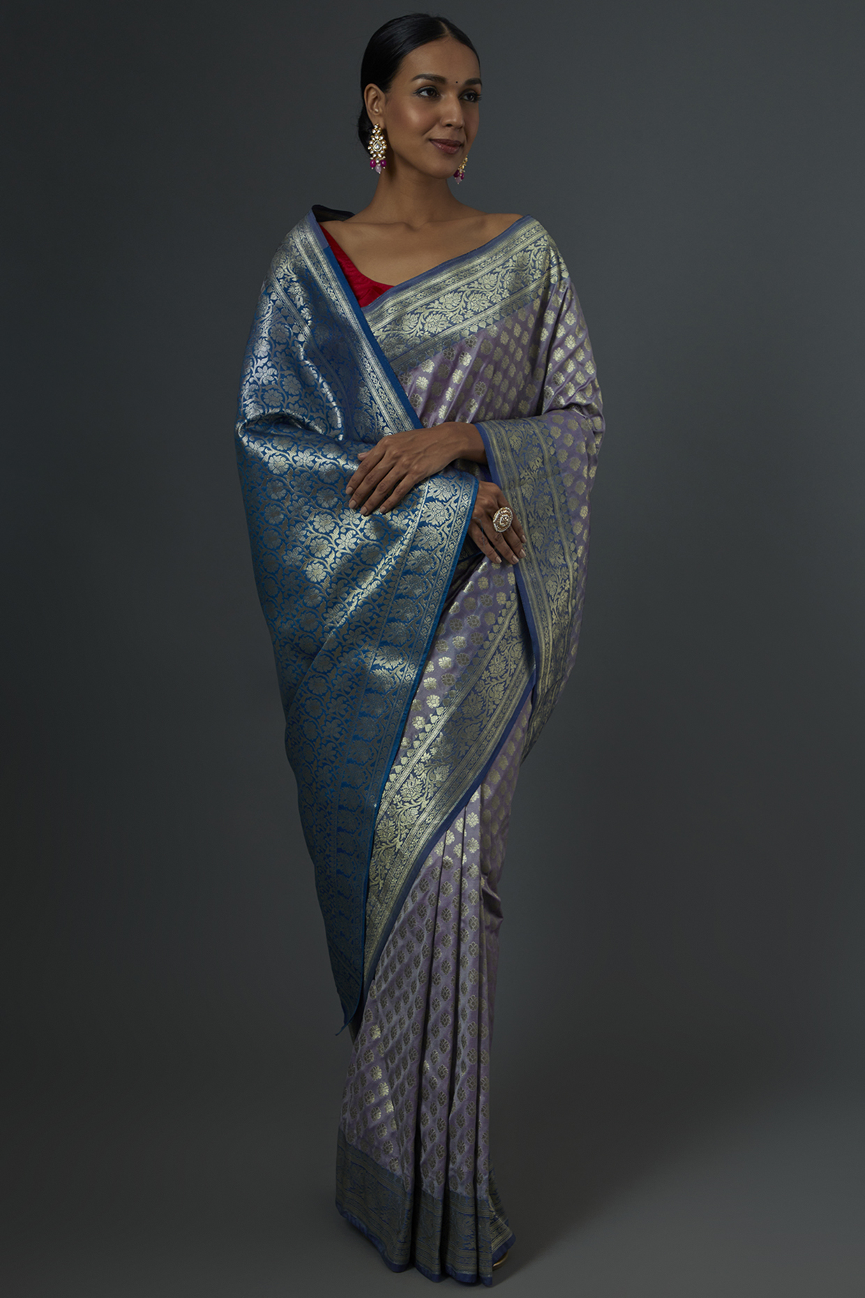 Grey & Turquoise Silk Banarsi Saree by Label GehnaSamah