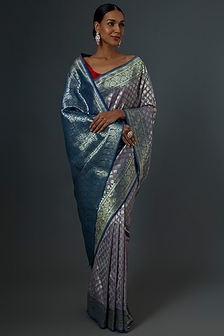 Grey & Turquoise Silk Banarsi Saree by Label GehnaSamah