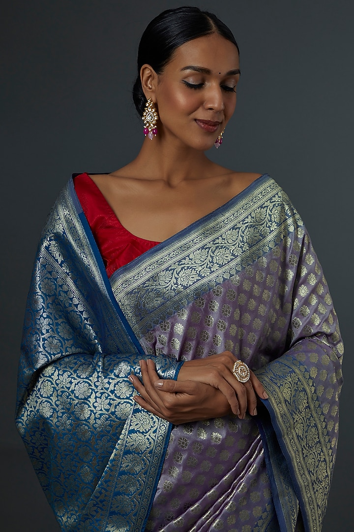 Grey & Turquoise Silk Banarsi Wedding Saree by Label GehnaSamah at Pernia's Pop Up Shop