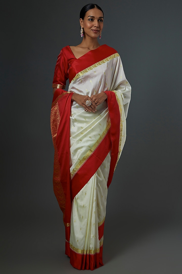 Red & White Silk Kanjeevaram Saree by Label GehnaSamah