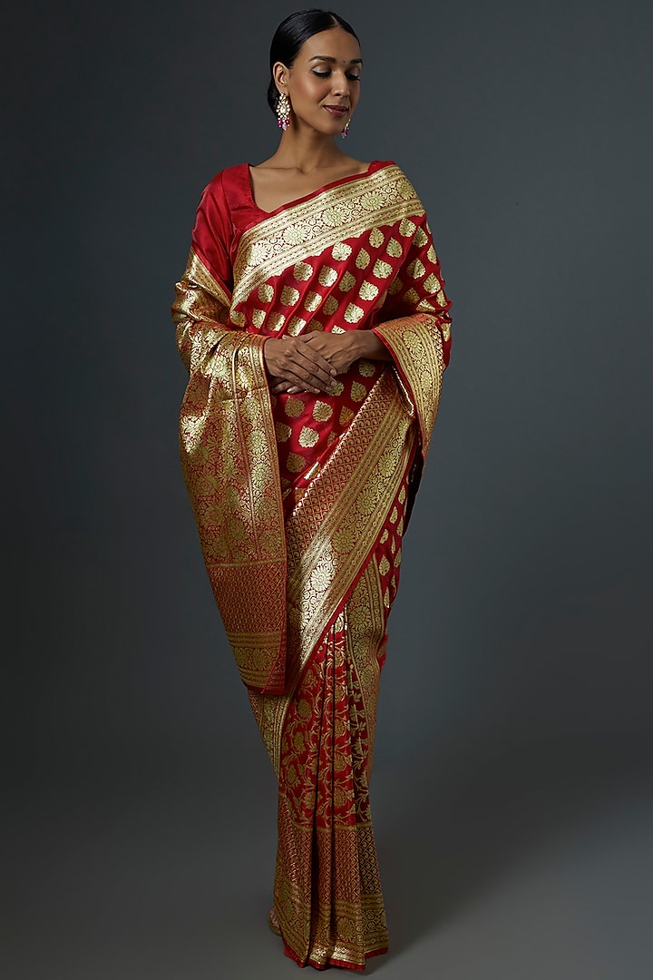 Red & Gold Silk Saree Set by Label GehnaSamah