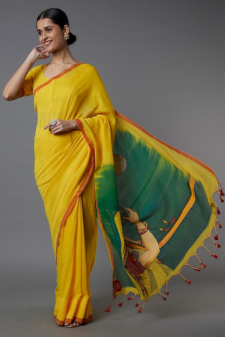 Yellow Kota Hand Painted Saree Set by Label GehnaSamah