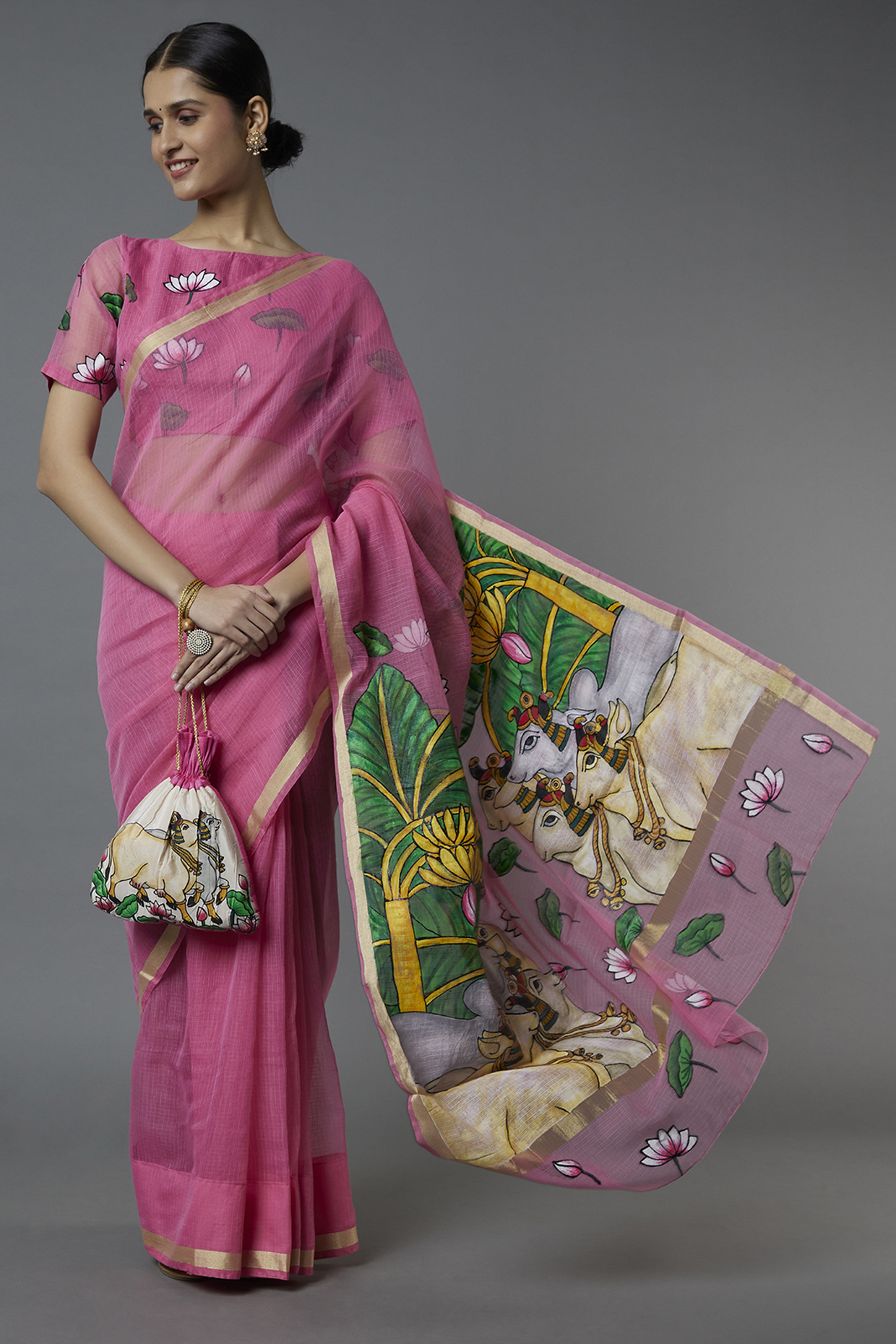 Pink Pichwai Printed Saree Set by Label GehnaSamah