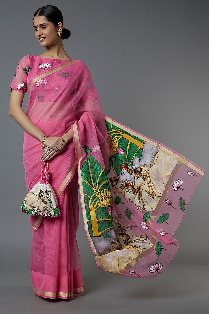 Pink Pichwai Printed Saree Set by Label GehnaSamah