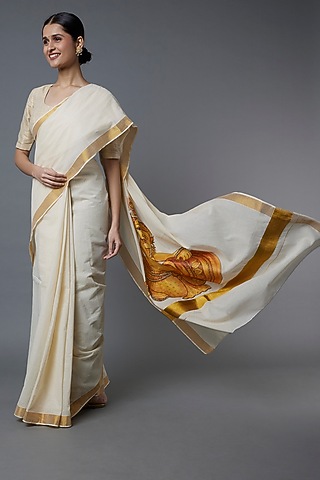 White Kasavu Hand Painted Saree by Label GehnaSamah