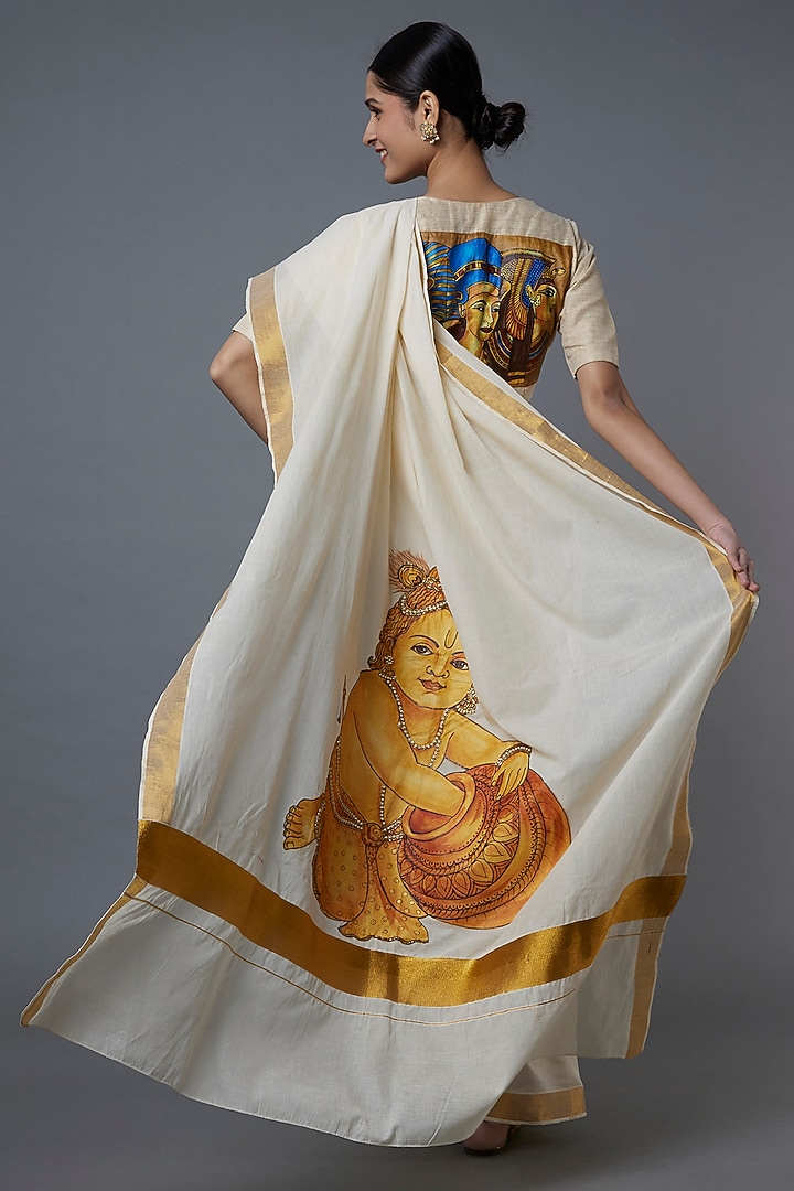 White Kasavu Hand Painted Party Wear Saree by Label GehnaSamah at Pernia's Pop Up Shop