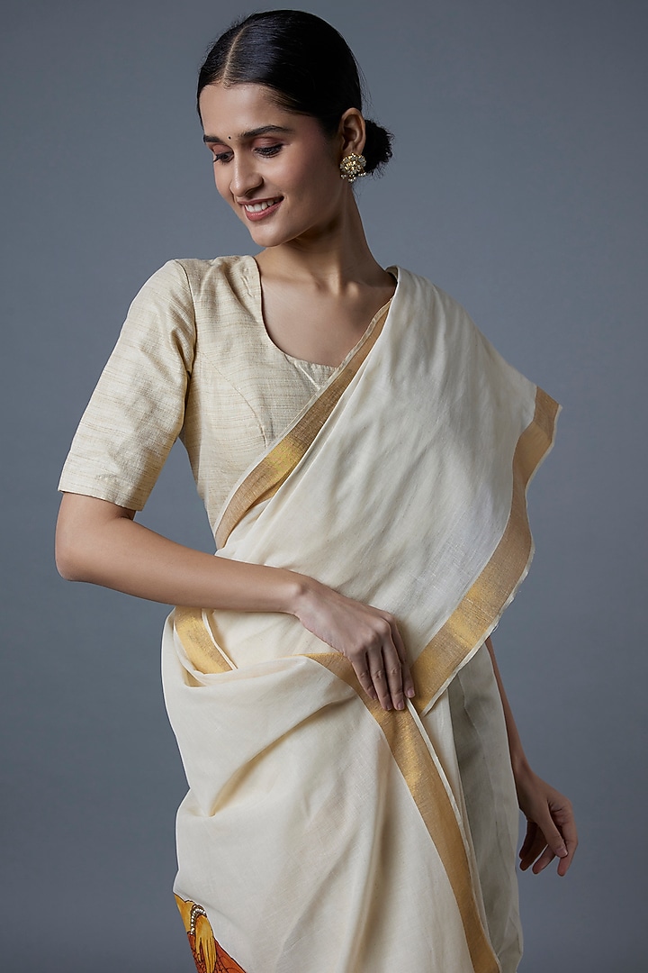 White Kasavu Hand Painted Party Wear Saree by Label GehnaSamah at Pernia's Pop Up Shop