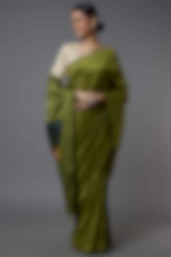 Olive Green Raw Silk Hand Painted Saree Set by Label GehnaSamah