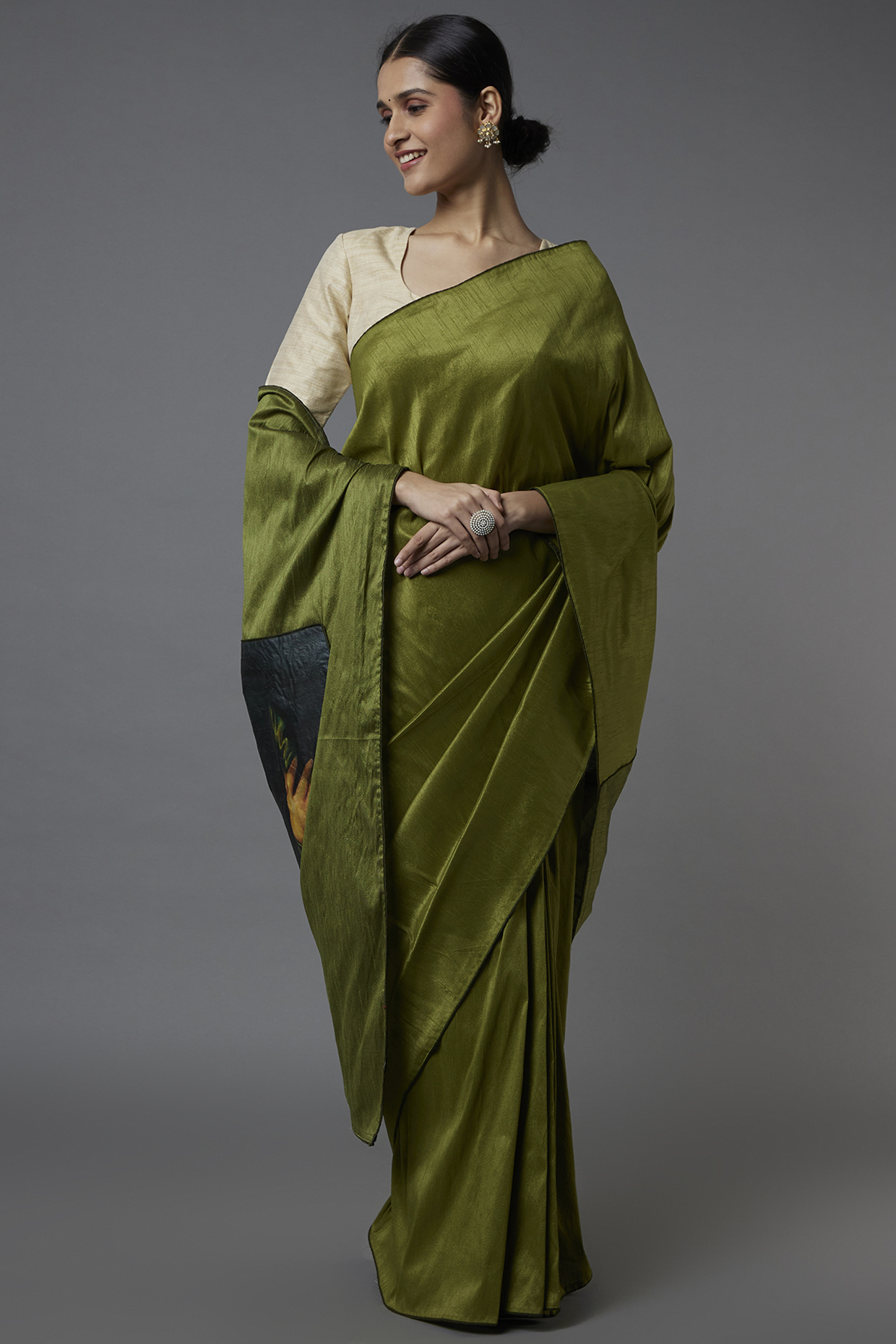 Olive Green Raw Silk Hand Painted Saree Set by Label GehnaSamah