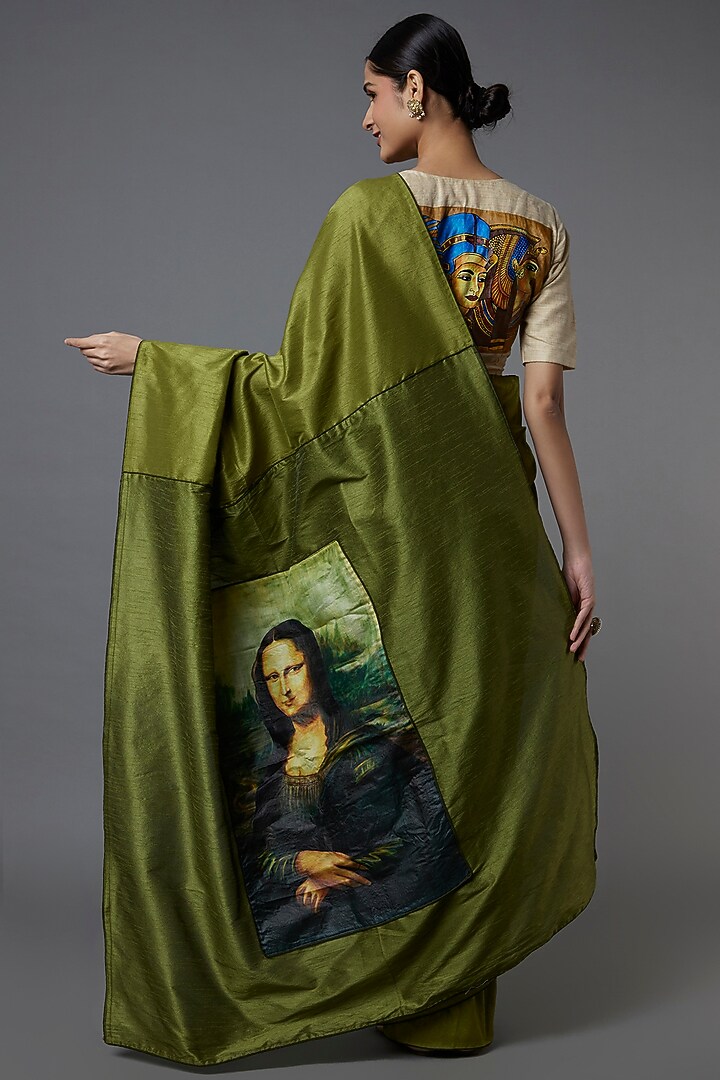 Olive Green Raw Silk Hand Painted Wedding Saree Set by Label GehnaSamah at Pernia's Pop Up Shop