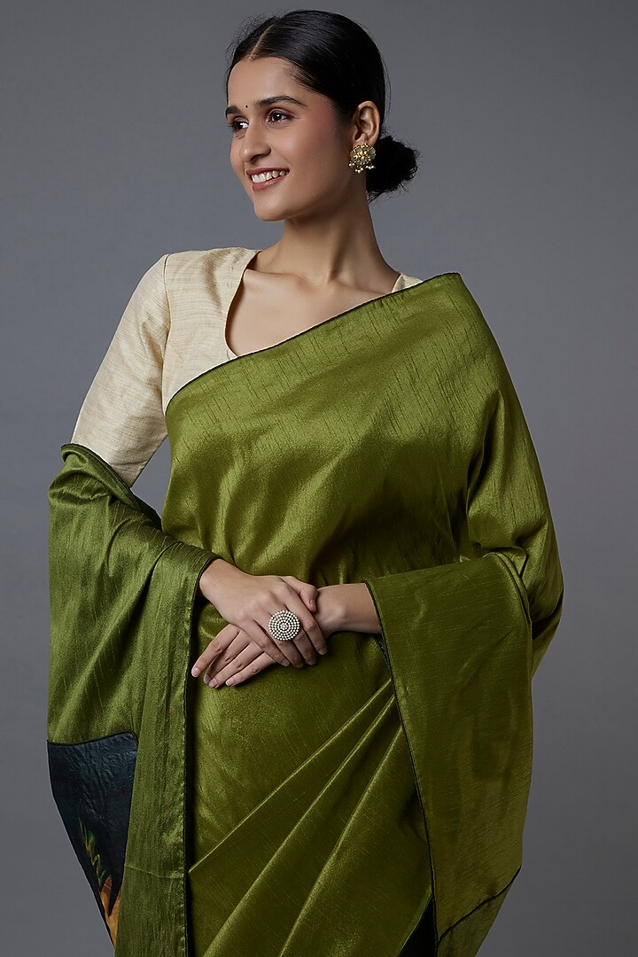Olive Green Raw Silk Hand Painted Wedding Saree Set by Label GehnaSamah at Pernia's Pop Up Shop