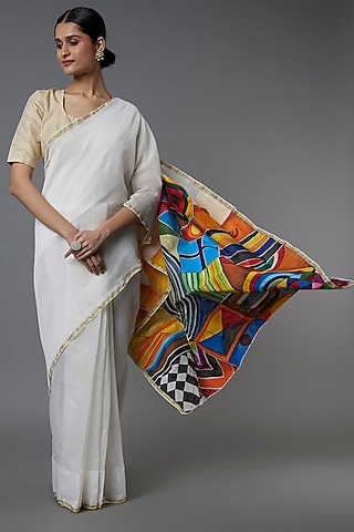 White Chanderi Hand Painted Saree by Label GehnaSamah