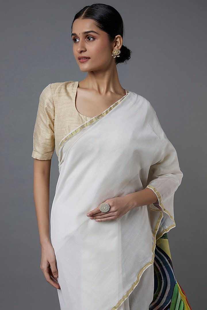 White Chanderi Hand Painted Party Wear Saree by Label GehnaSamah at Pernia's Pop Up Shop