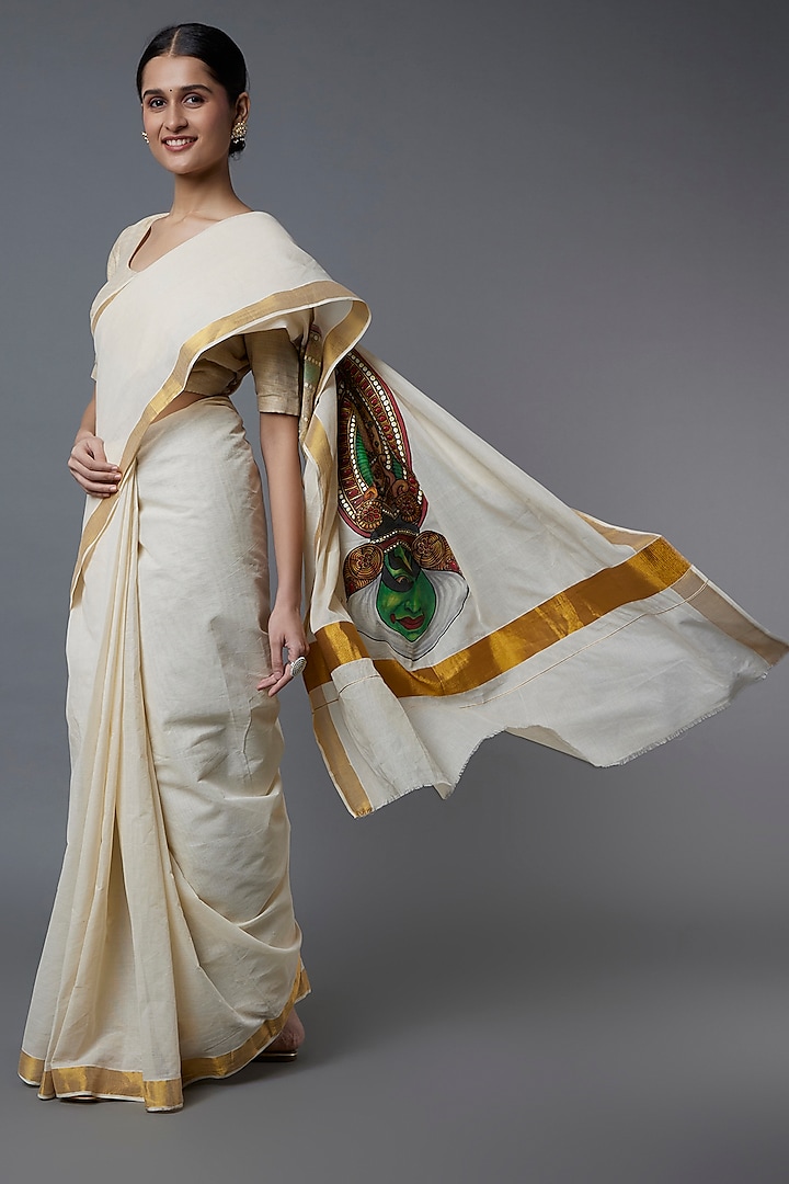 White Hand Painted Saree by Label GehnaSamah