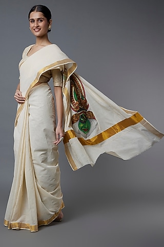 White Hand Painted Saree by Label GehnaSamah