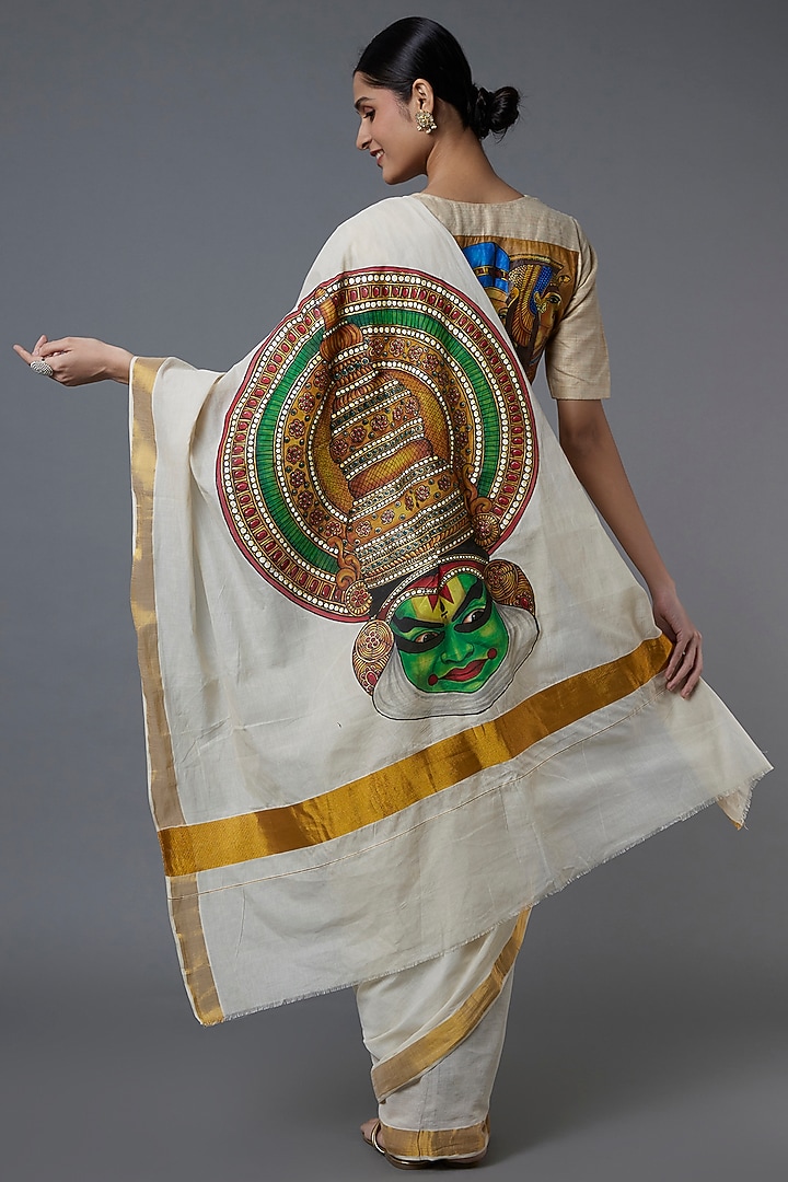 White Hand Painted Party Wear Saree by Label GehnaSamah at Pernia's Pop Up Shop
