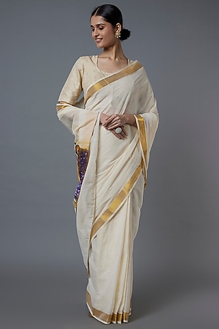 White Kasavu Hand Painted Saree by Label GehnaSamah