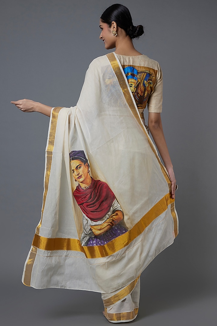 White Kasavu Hand Painted Party Wear Saree by Label GehnaSamah at Pernia's Pop Up Shop