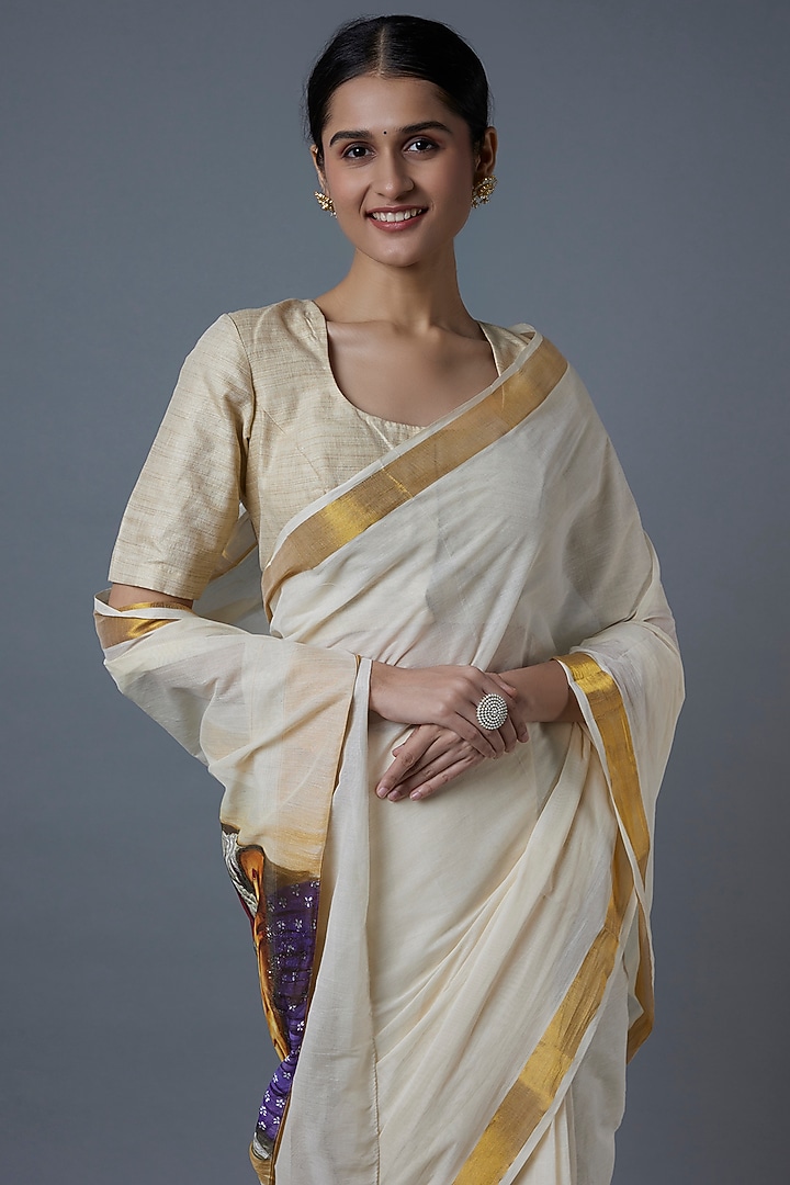 White Kasavu Hand Painted Party Wear Saree by Label GehnaSamah at Pernia's Pop Up Shop