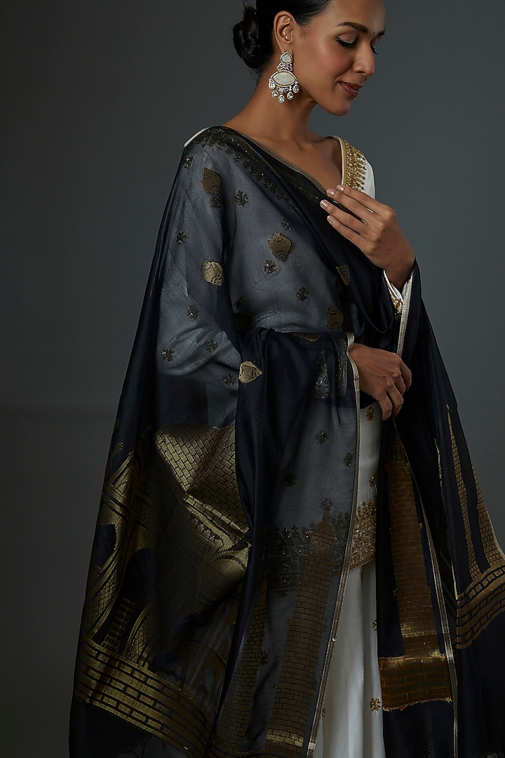 Black & Gold Mix Organza Stole by Label GehnaSamah at Pernia's Pop Up Shop