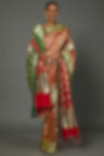 Red-Gold Ghicha Silk Woven Saree Set by Label GehnaSamah