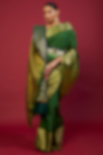 Green Cotton Silk Saree With Stole & Belt by Label GehnaSamah