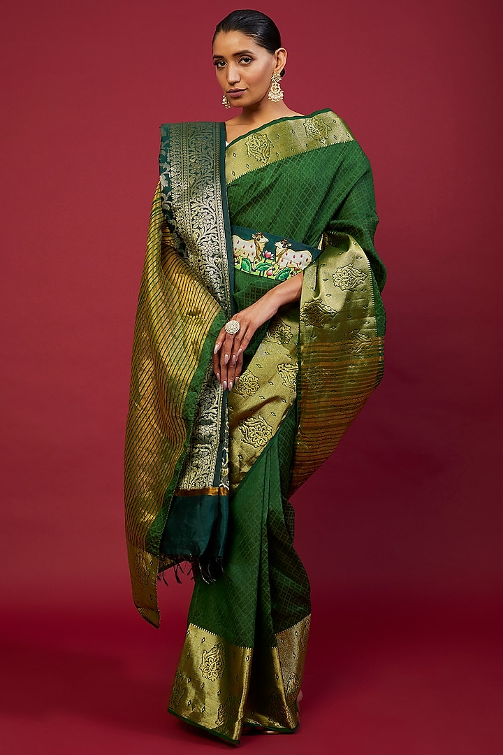 Green Cotton Silk Saree With Stole & Belt by Label GehnaSamah