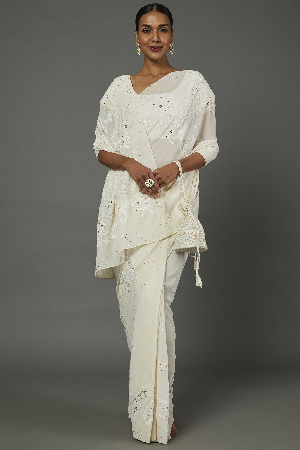 Off-White Pure Georgette Chikankari Wedding Saree Set by Label GehnaSamah at Pernia's Pop Up Shop