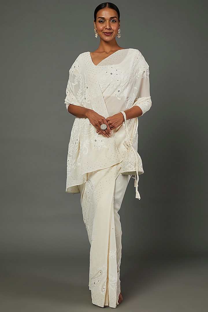 Off-White Pure Georgette Chikankari Saree Set by Label GehnaSamah