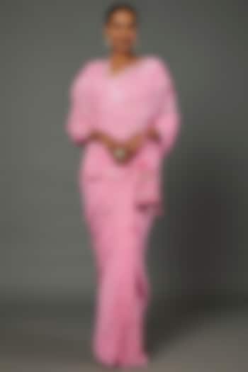Bubblegum Pink Viscose Georgette Embroidered Saree Set by Label GehnaSamah