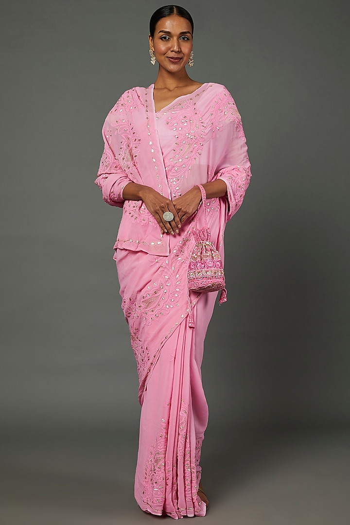 Bubblegum Pink Viscose Georgette Embroidered Saree Set by Label GehnaSamah