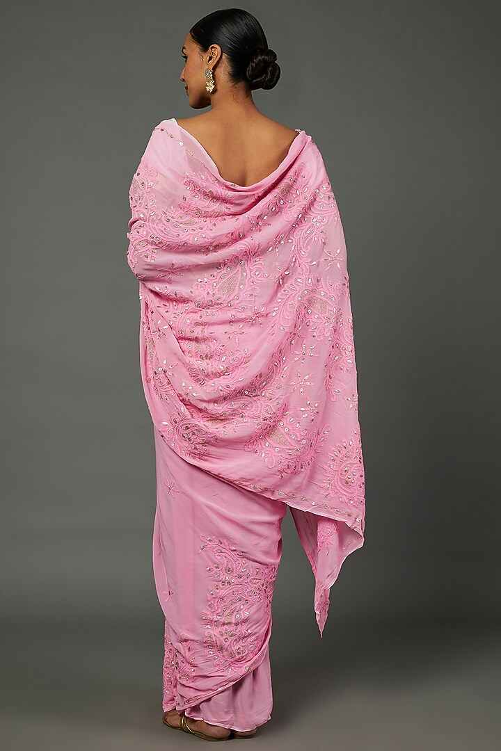 Bubblegum Pink Viscose Georgette Embroidered Party Wear Saree Set by Label GehnaSamah at Pernia's Pop Up Shop