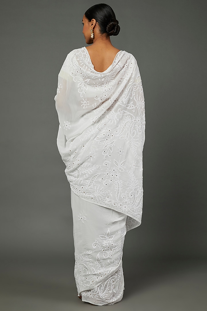 Pristine White Pure Georgette Embroidered Party Wear Saree Set by Label GehnaSamah at Pernia's Pop Up Shop