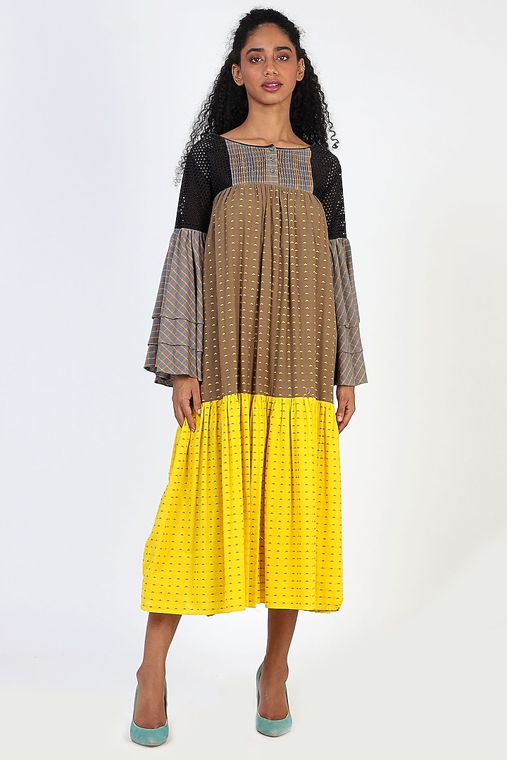 Brown Colour Blocked Tiered Dress by Geisha Designs at Pernia's Pop Up Shop