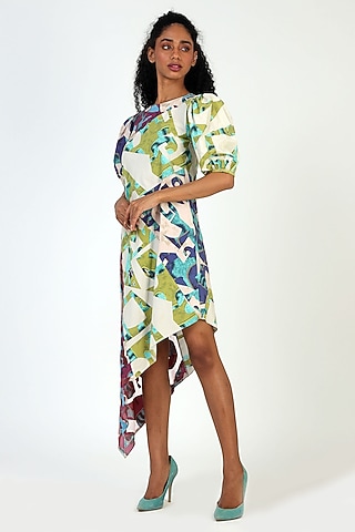 Green High Low Printed Dress by Geisha Designs