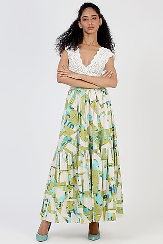 Green Printed Maxi Skirt by Geisha Designs