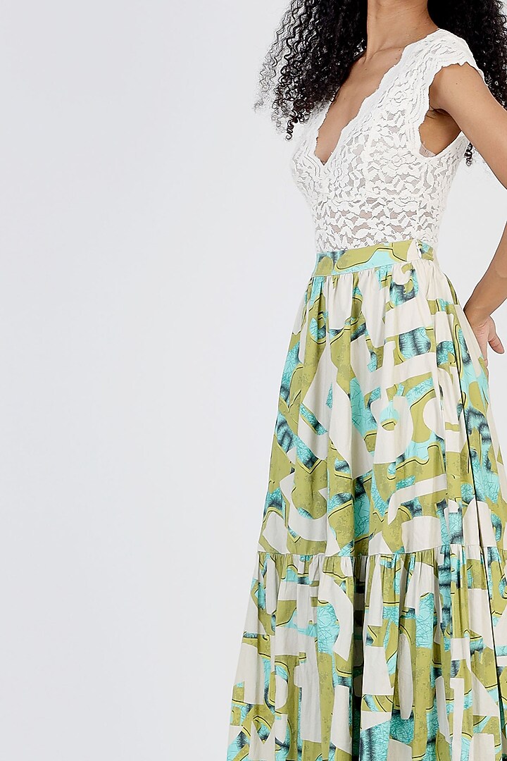 Green Printed Maxi Skirt by Geisha Designs at Pernia's Pop Up Shop