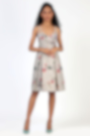 Grey Printed & Pleated Vacation Dress by Geisha Designs at Pernia's Pop Up Shop