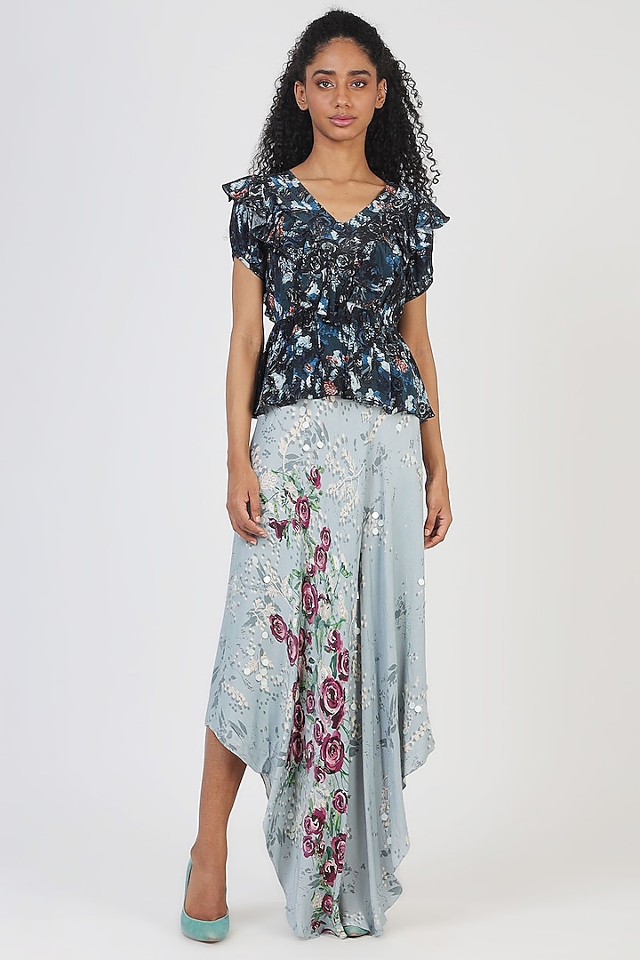 Blue Printed Midi Skirt by Geisha Designs