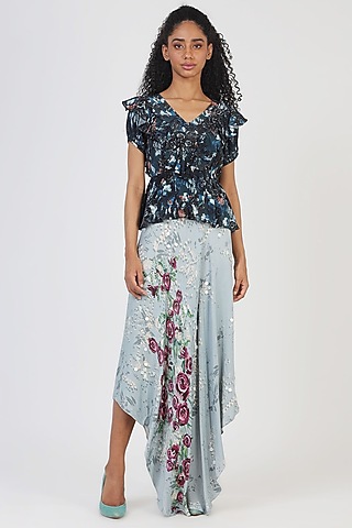 Blue Printed Midi Skirt by Geisha Designs
