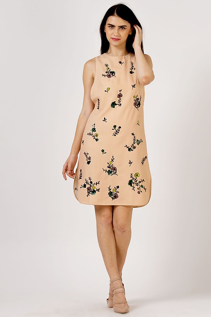 Beige Embroidered Shift Vacation Dress by Geisha Designs at Pernia's Pop Up Shop