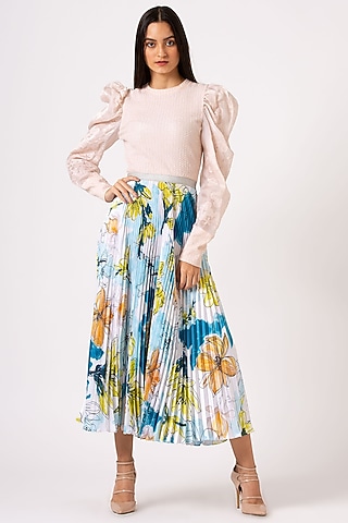 Blue Floral Pleated Skirt by Geisha Designs